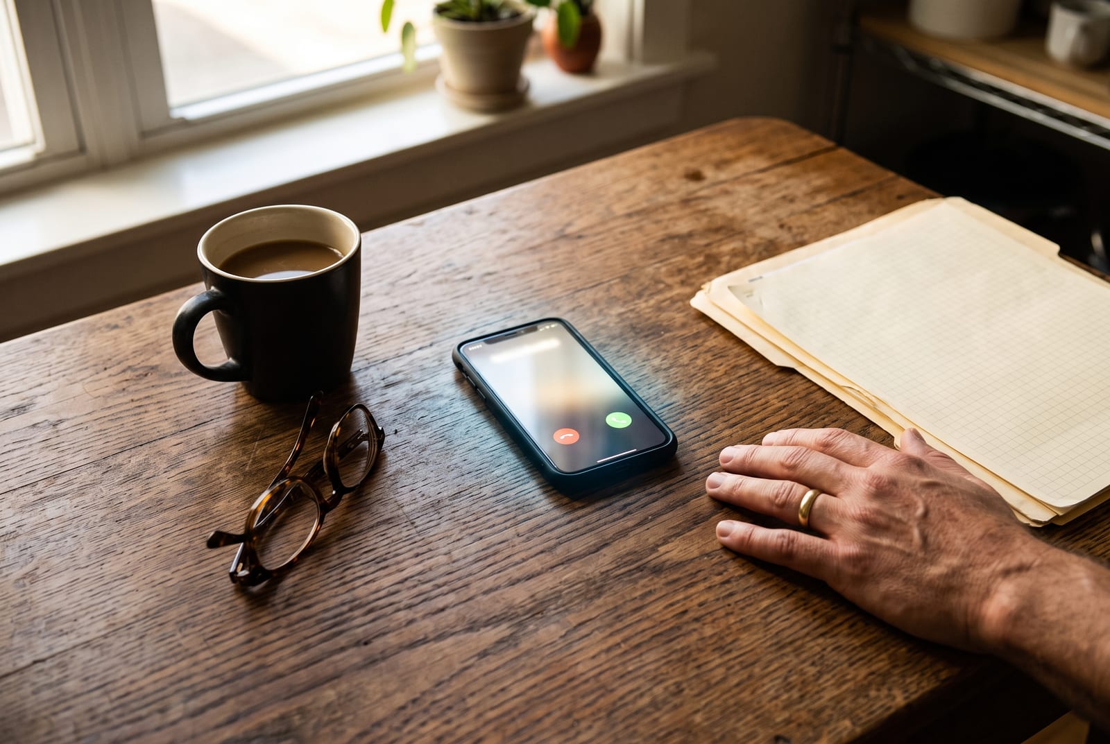 A phone face up on a kitchen table showing an incoming call, a hand resting flat beside it without answering, a case folder, one pair of reading glasses and cold coffee alongside