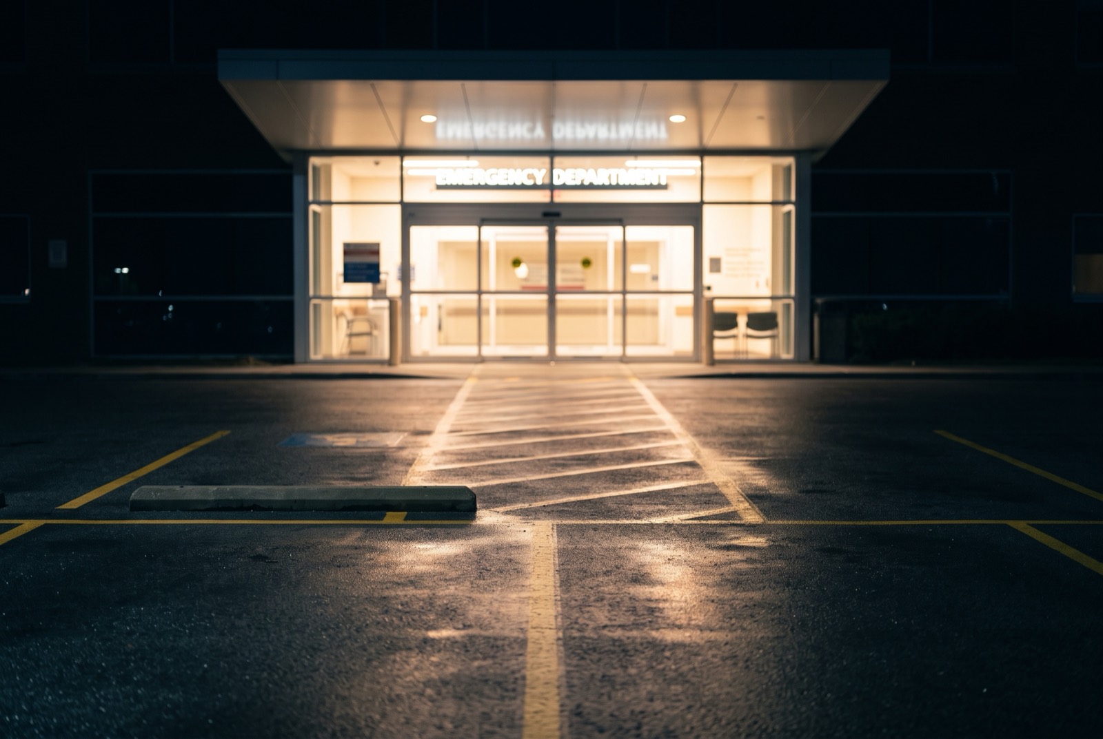 The lit entrance of a hospital emergency department seen at night from across an empty parking lot, the light reflecting on wet asphalt