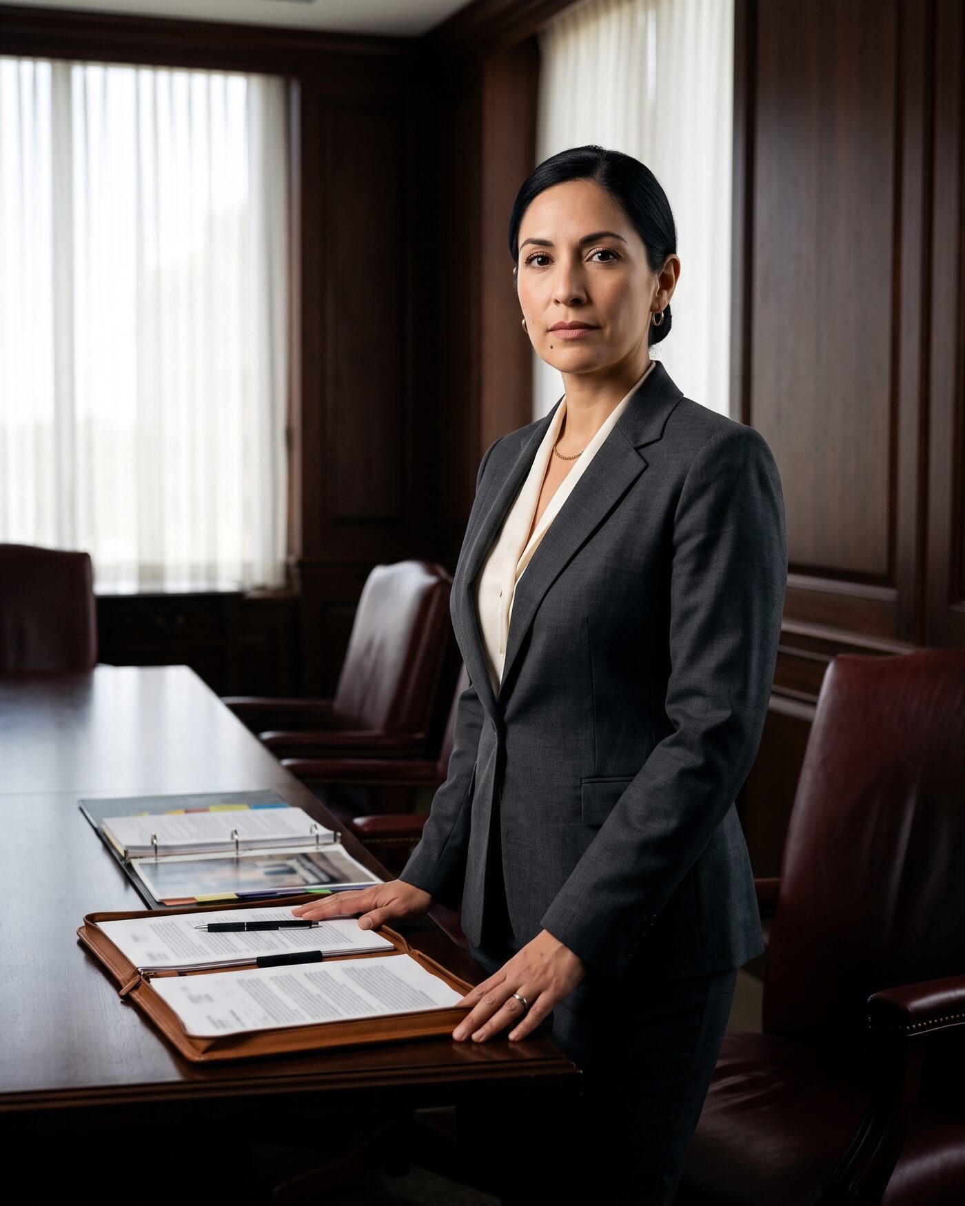 Elena M. Vasquez, senior trial partner, in a charcoal suit at the firm's conference table
