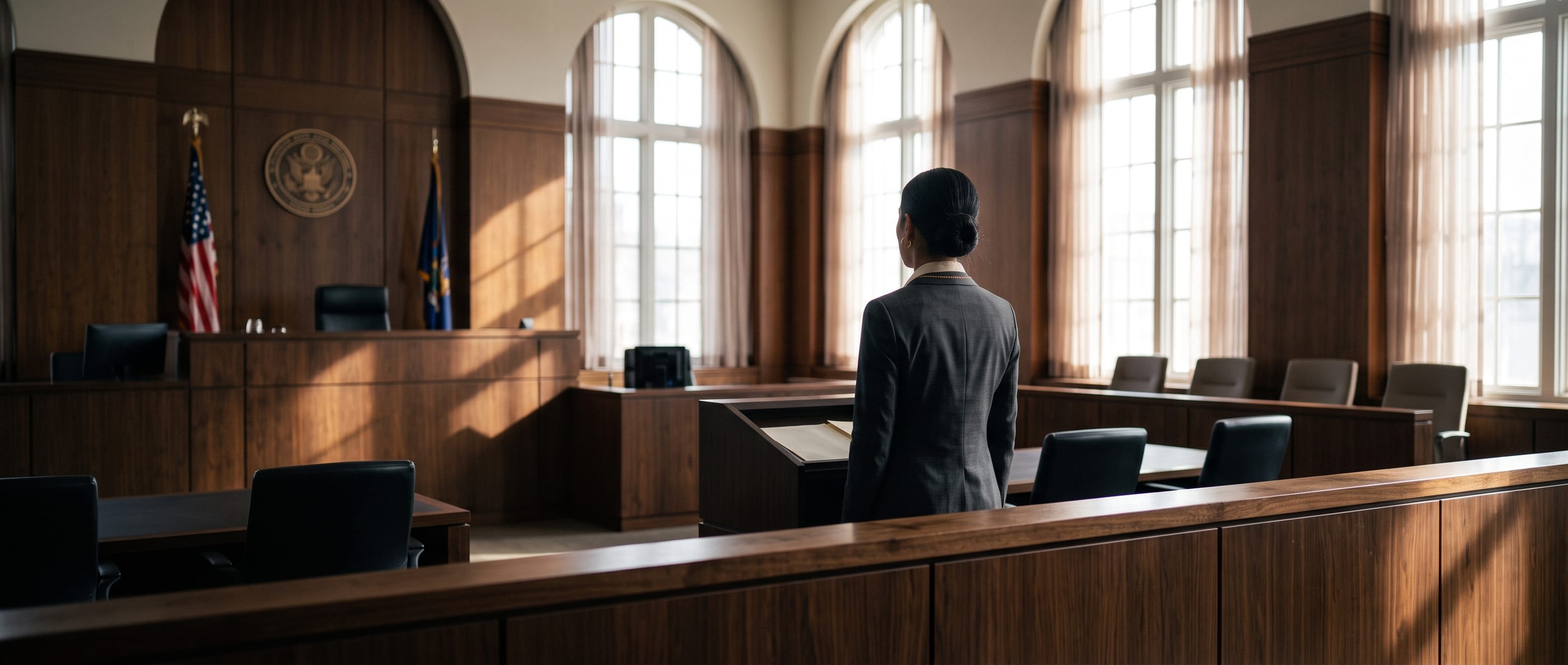 Elena M. Vasquez standing at the lectern in the well of a courtroom, seen from behind the jury rail, her face turned toward the bench