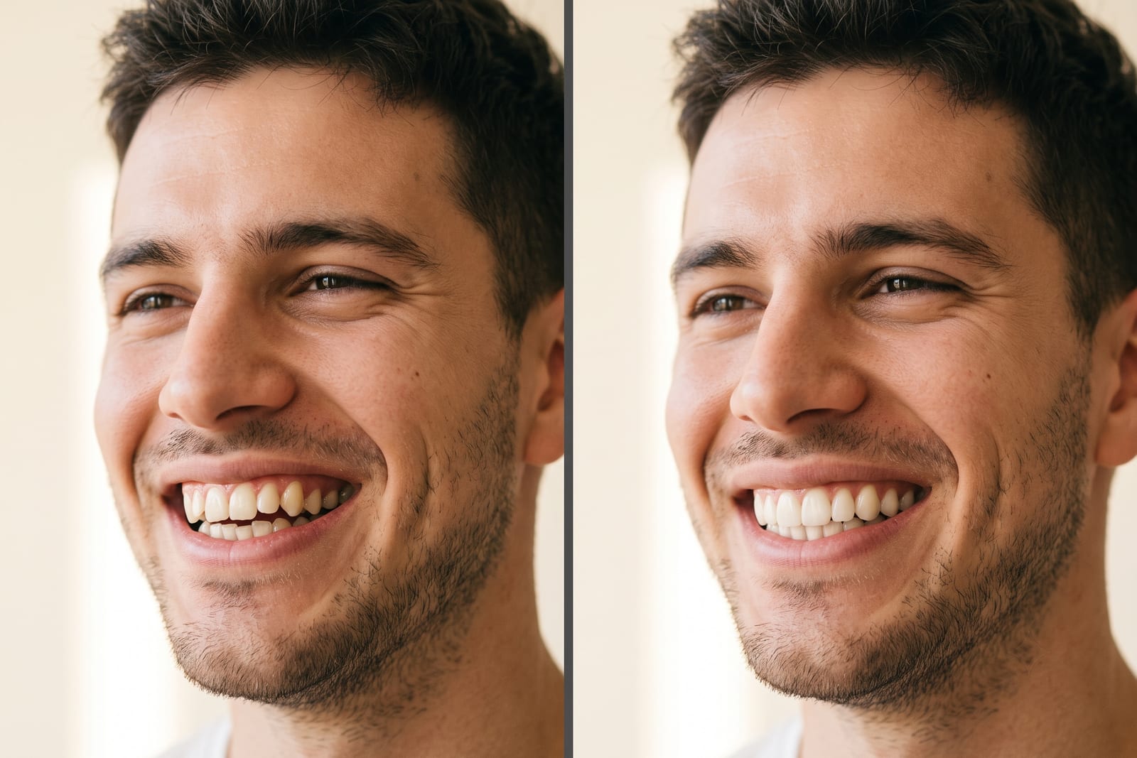 Before and after of clear aligner treatment, crowded front teeth now straight