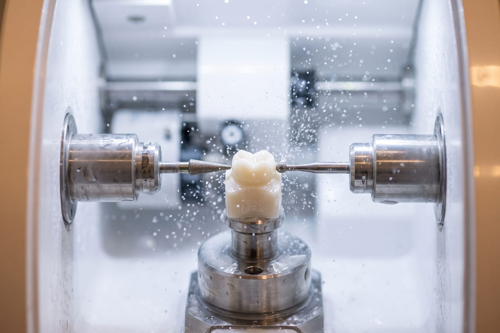A ceramic crown mid-mill in the chairside milling unit at Ridgeview Dental