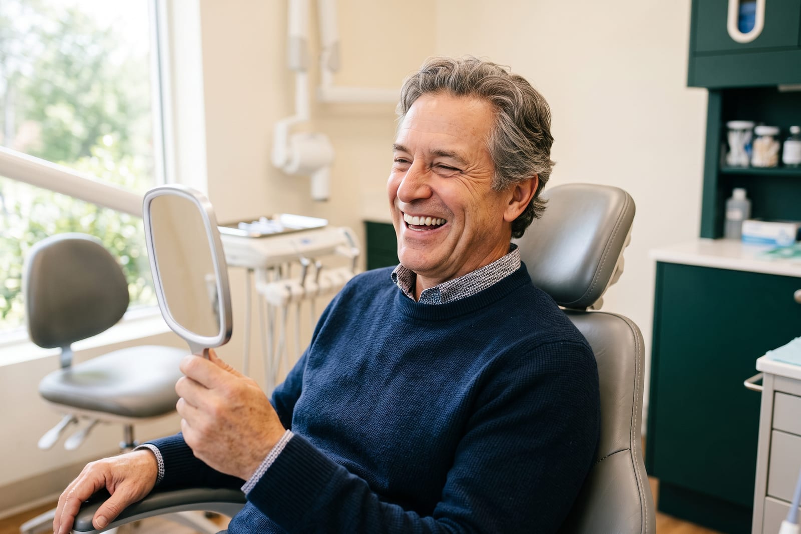 A Ridgeview patient laughing in the chair, holding the hand mirror after his same-day crown