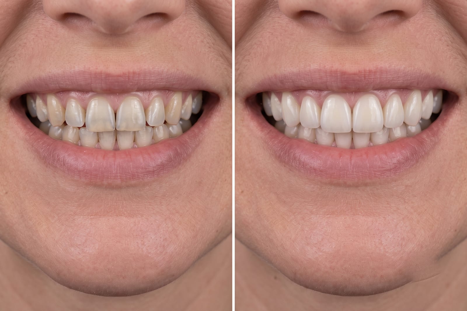 Before and after of six porcelain veneers on the upper front teeth