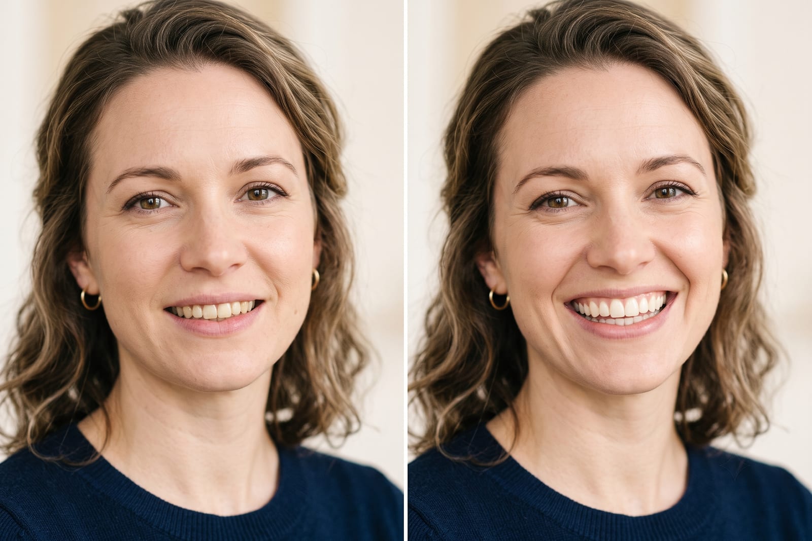Before and after of a single in-office whitening session, the same smile several shades brighter