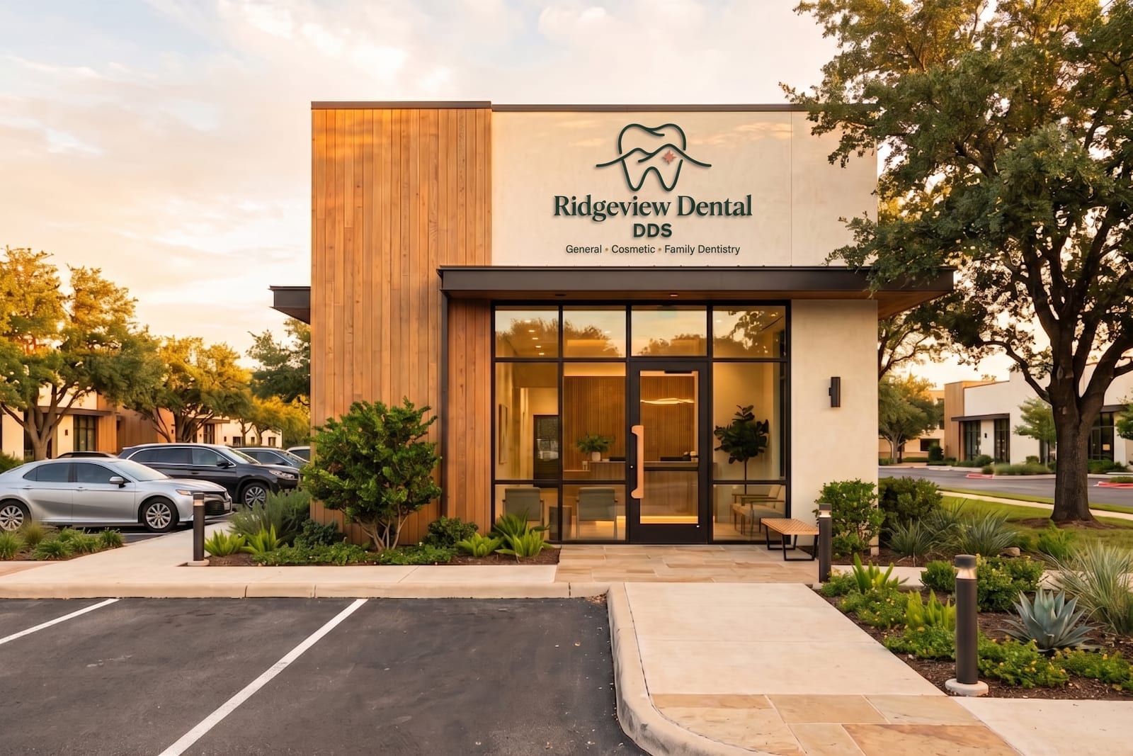 The Ridgeview Dental building at golden hour: the tooth-and-ridgeline logo and wordmark signed across the facade above the glass entry, wood-slat siding, and free parking at the door
