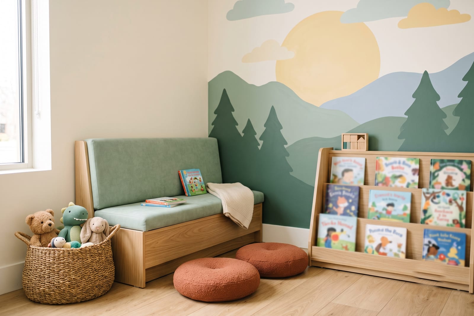 The pediatric room: reading bench, book rail, and a painted hills mural