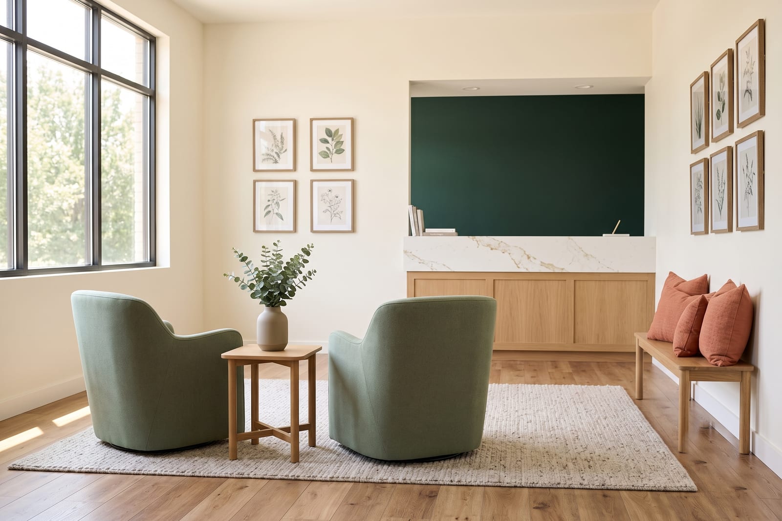 The Ridgeview front room: oak reception desk, sage chairs, terracotta pillows