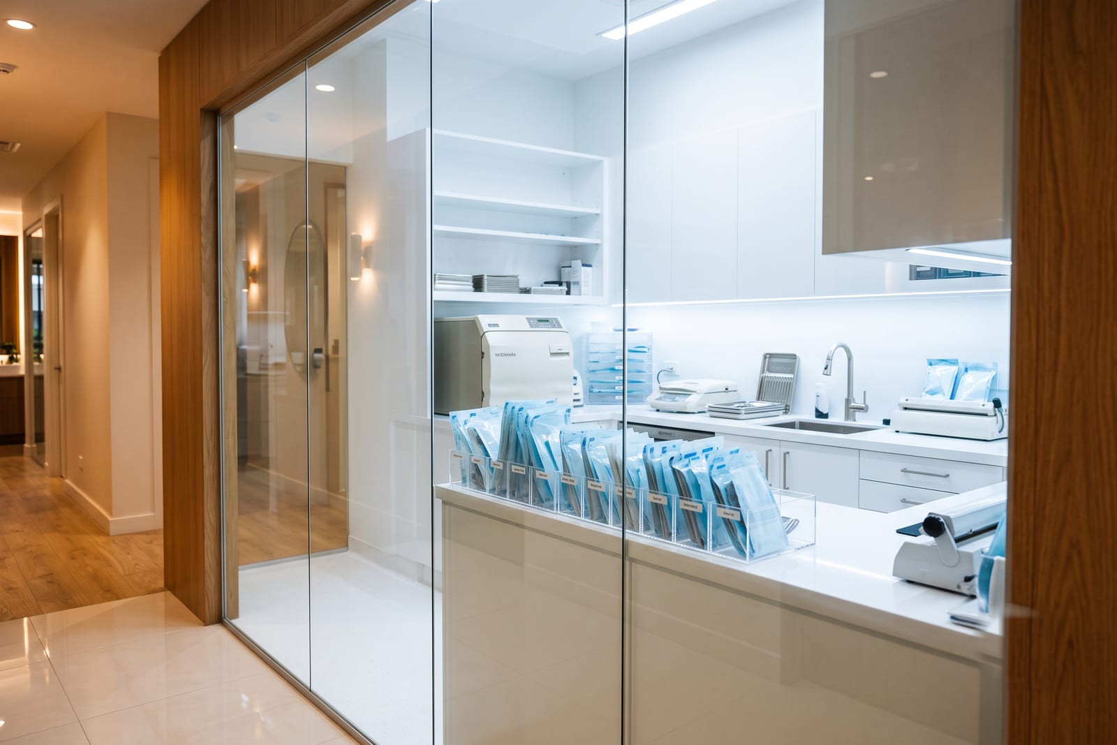 The glass-walled sterilization room seen from the hallway