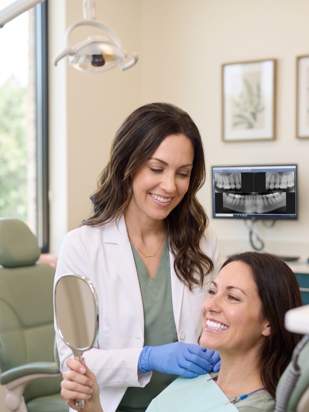 Dr. Parker showing a patient her newly straightened smile in a hand mirror