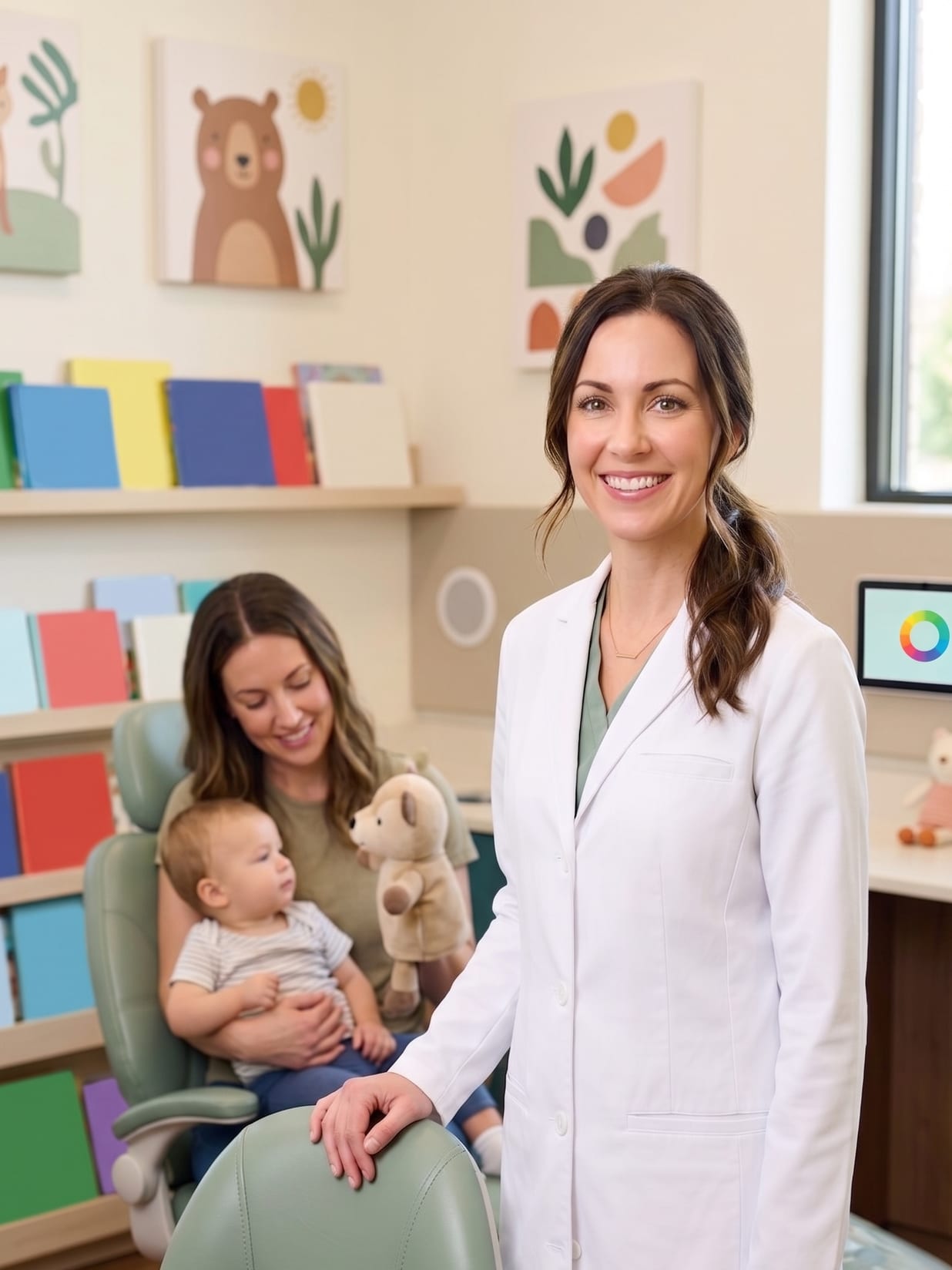 Dr. Parker welcoming a mom and her toddler in the Ridgeview kids' room