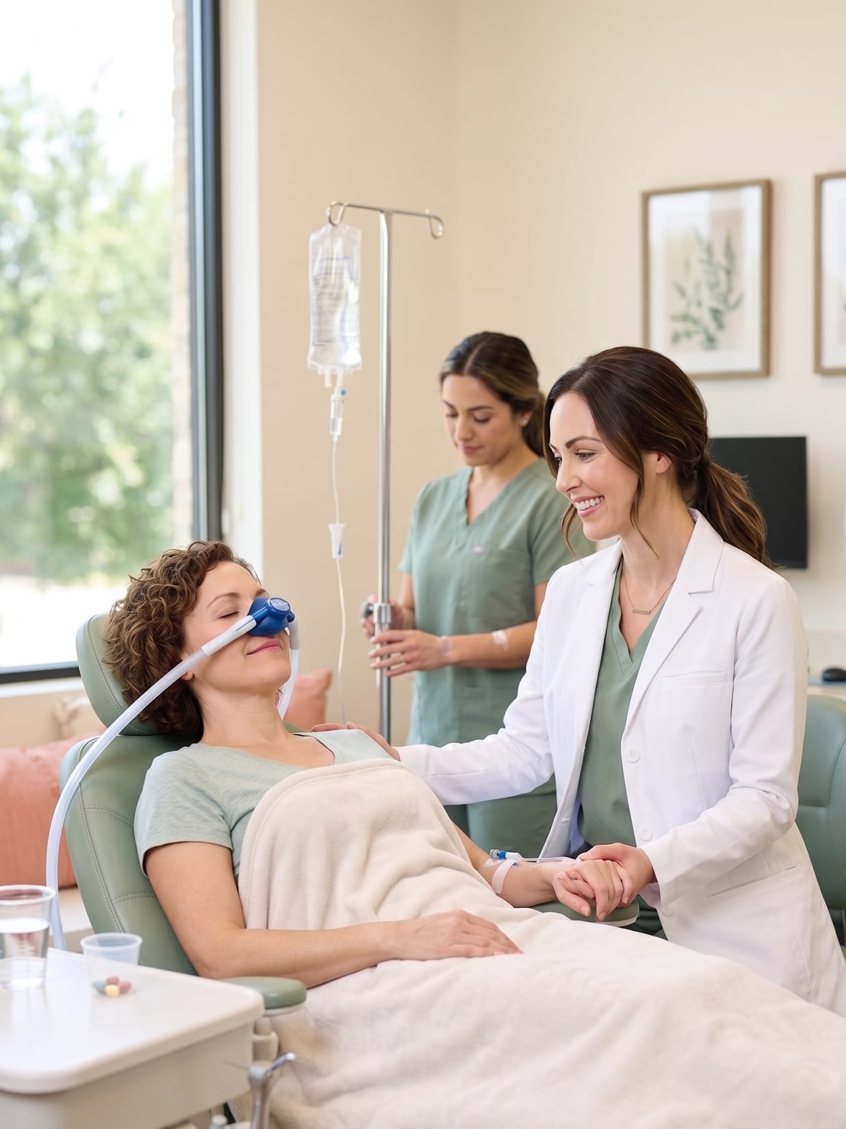 A patient resting under a soft blanket with nitrous, Dr. Parker at her side