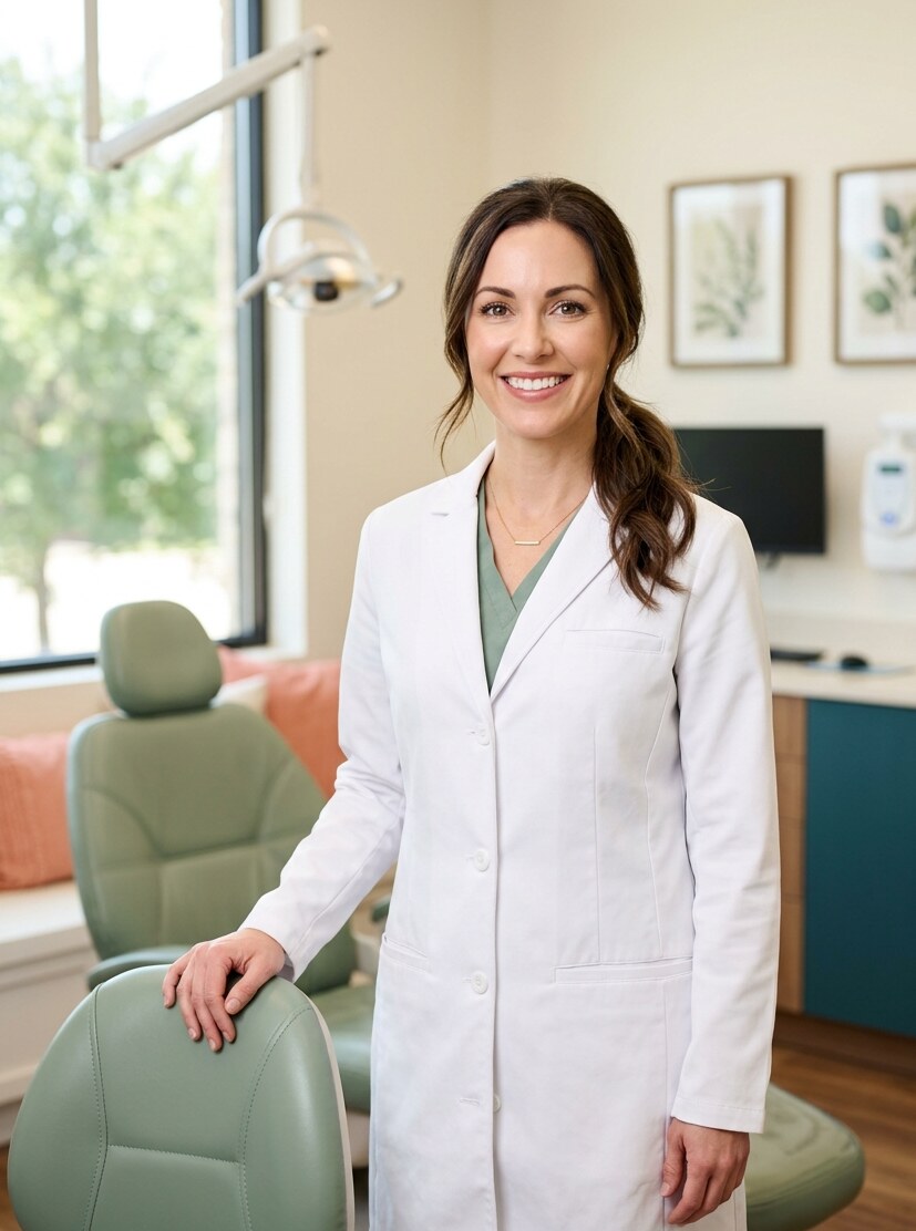 Dr. Sarah Parker, family dentist at Ridgeview Dental, smiling warmly in a sunlit operatory