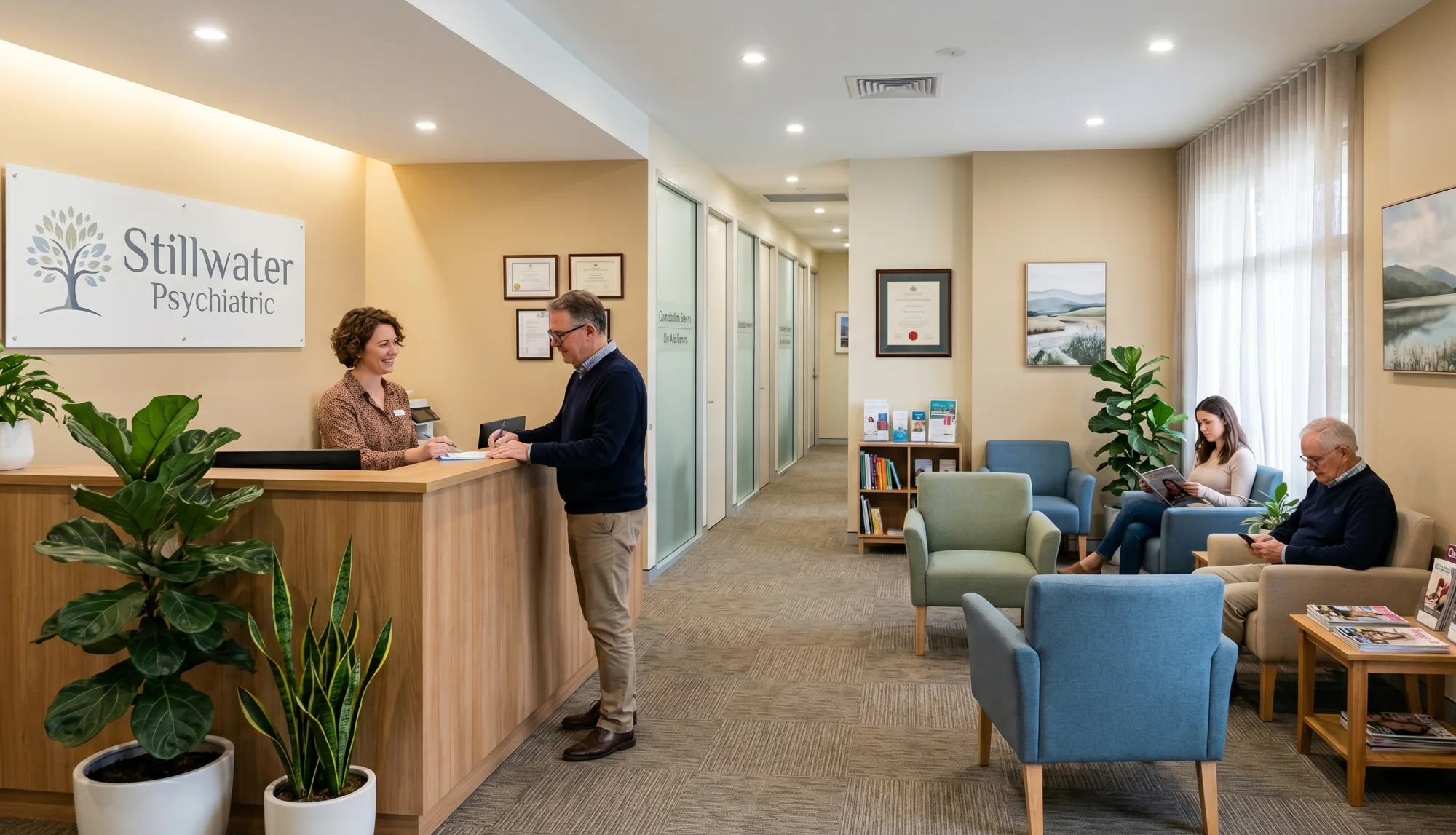 Stillwater Psychiatric reception, soft cream walls with the wordmark beside the front desk, two clinicians at intake, and a small private waiting area with sage and blue chairs and a pair of fiddle-leaf fig and snake plants