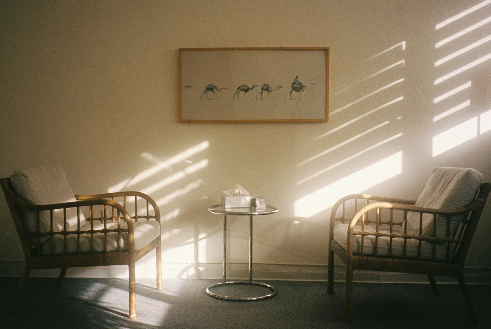 Two armchairs angled toward a shared side table holding a box of tissues, warm afternoon light on the wall, the same chair experience at either office