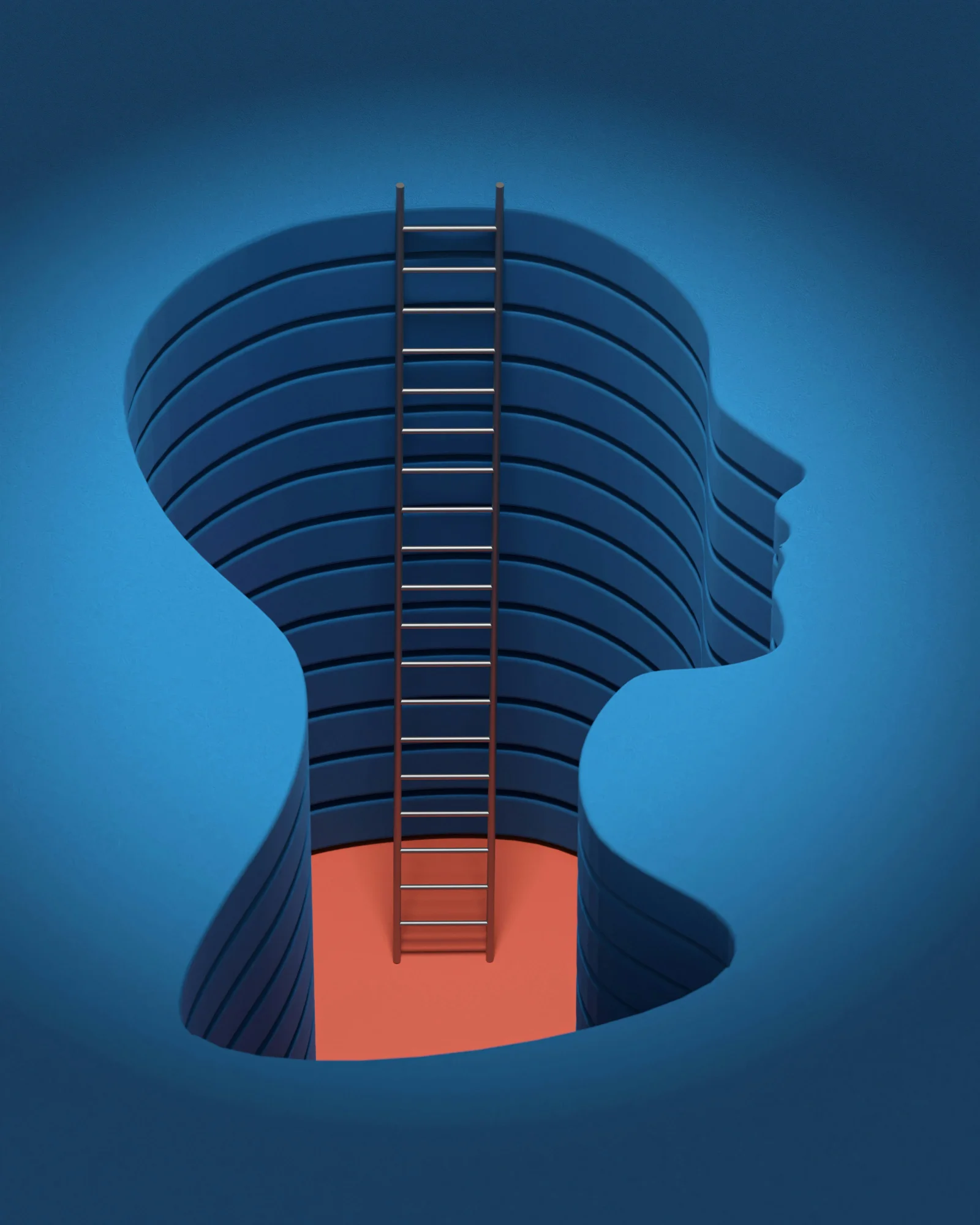 Stylized blue silhouette of a head with a ladder rising from an orange floor to a light at the top of the form, an architectural metaphor for the path up out of treatment-resistant depression