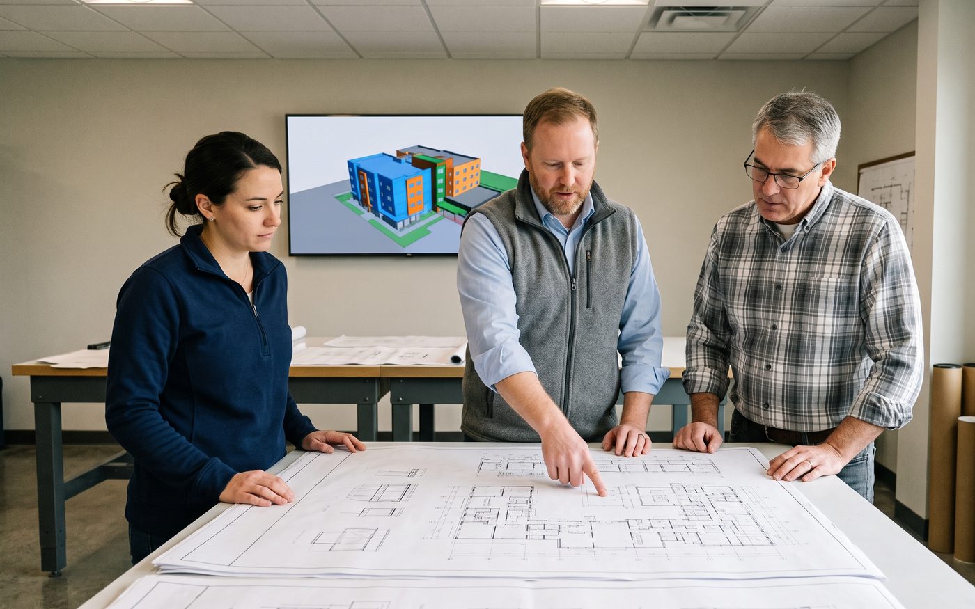 Three people around a plan table reviewing a floor plan, a building model on the screen behind them