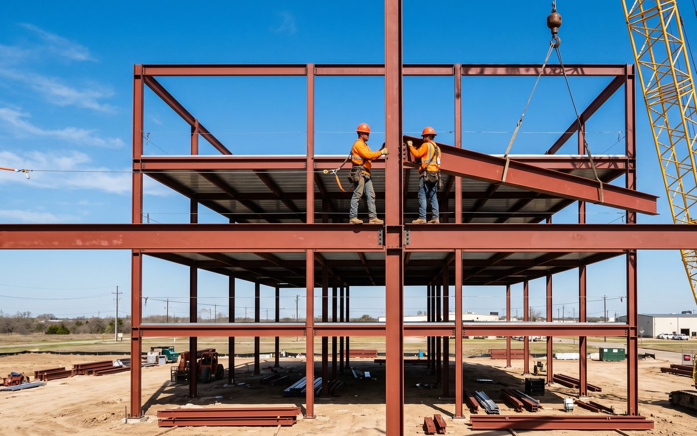 Two ironworkers guiding a steel beam into place on the frame while the crane holds the load