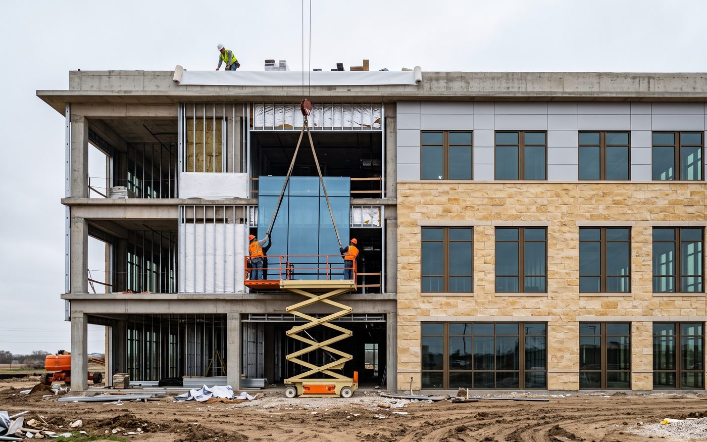 A glass curtain wall panel lowered into the open half of the elevation while the finished half stands clad in limestone
