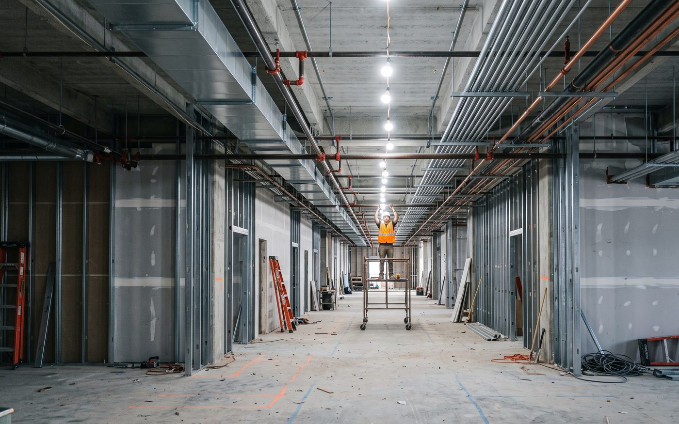 An unfinished corridor with coordinated ductwork, sprinkler pipe and conduit running overhead