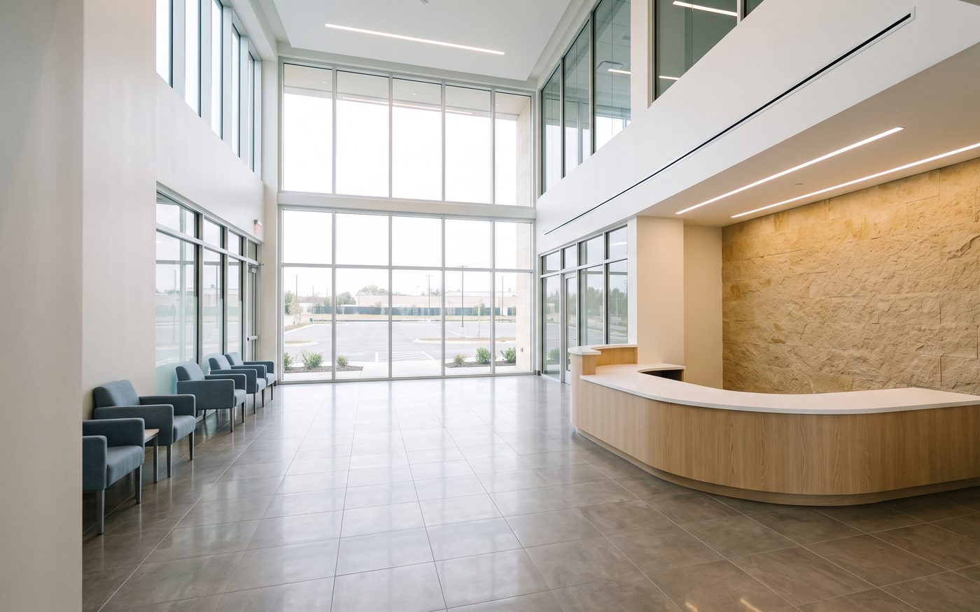 The finished two story lobby on handover day, daylight across polished tile and a bare reception desk
