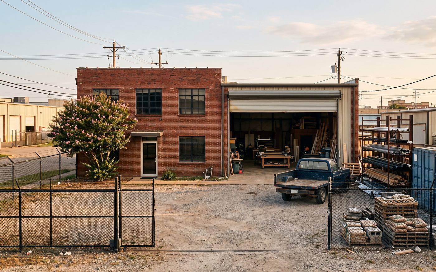 The Datum office and yard: a brick building, an open shop door and material racks behind the fence
