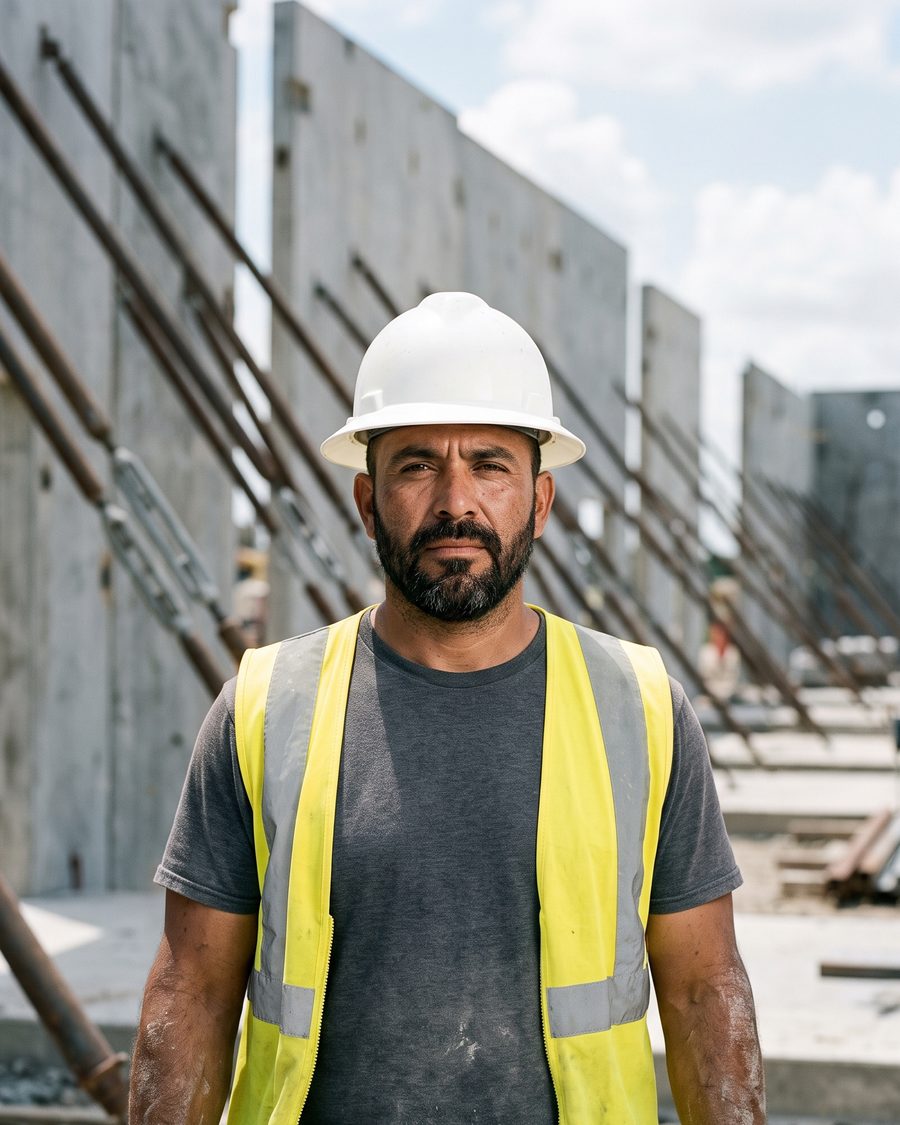 Beny Ríos in front of braced tilt-wall concrete panels