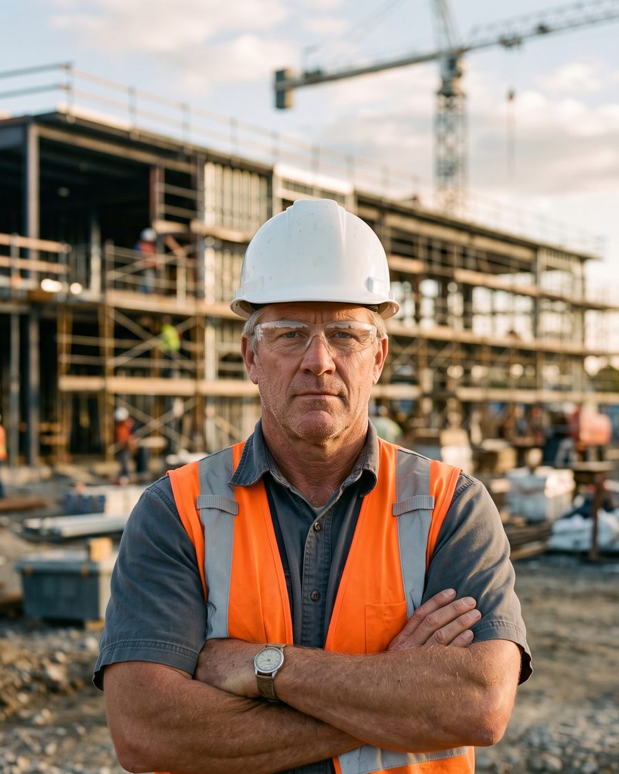 Dale Whitfield with his arms folded in front of a building under construction