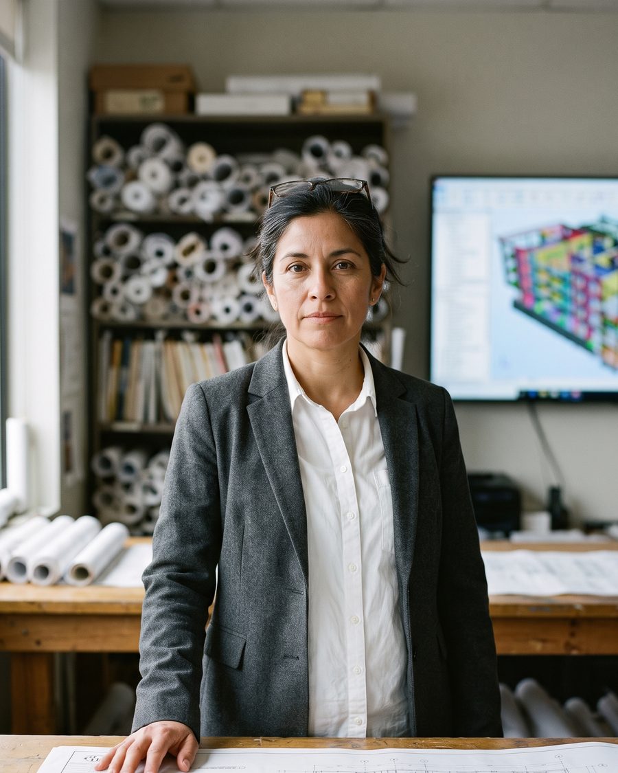 Elena Vásquez in the plan room with a hand resting on a drawing