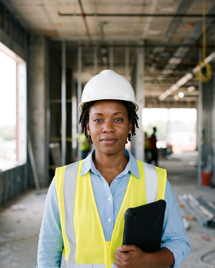 Rachel Okafor inside an unfinished building with a tablet under her arm