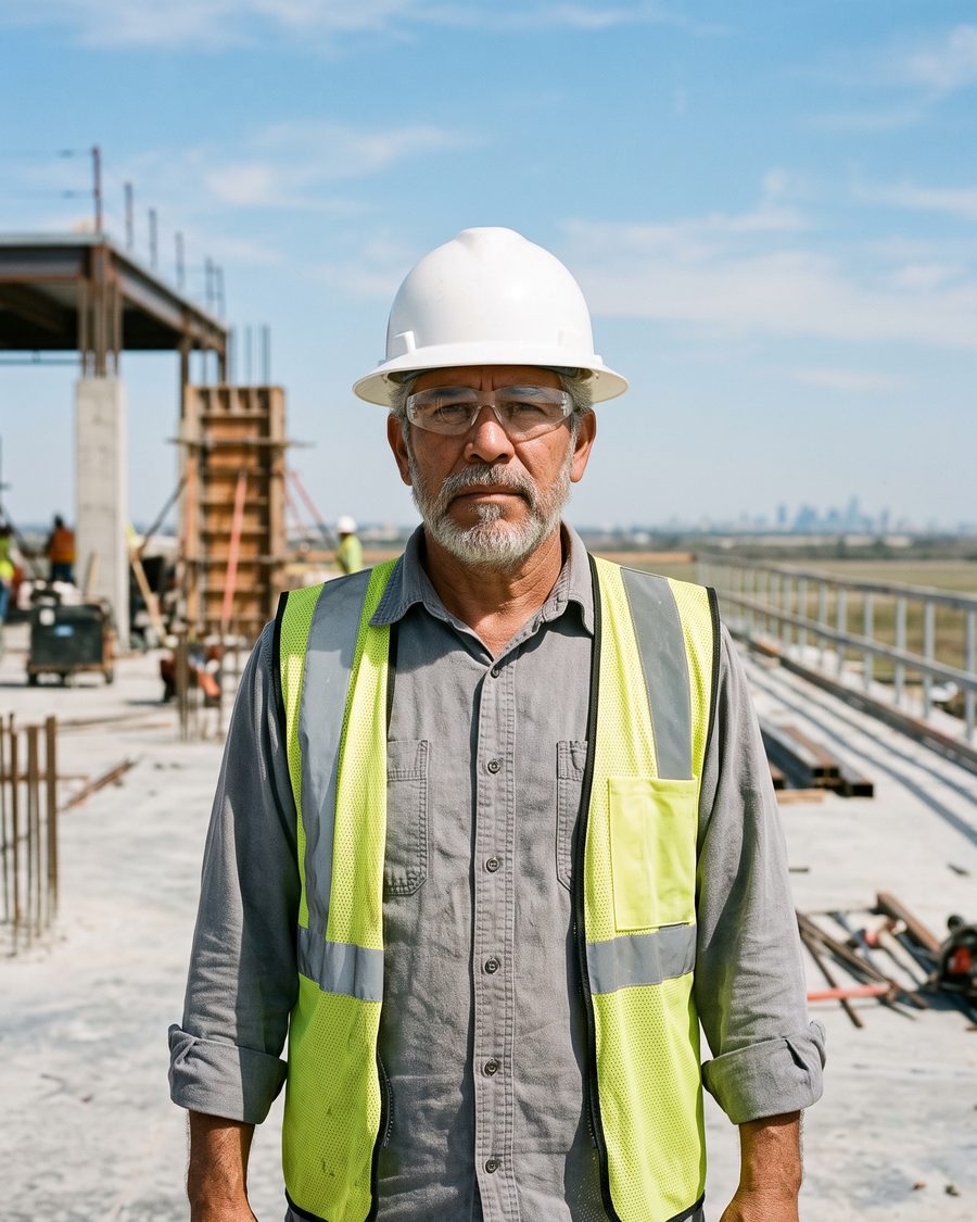 Ray Delgado on a concrete deck in a hard hat and vest, the skyline behind him