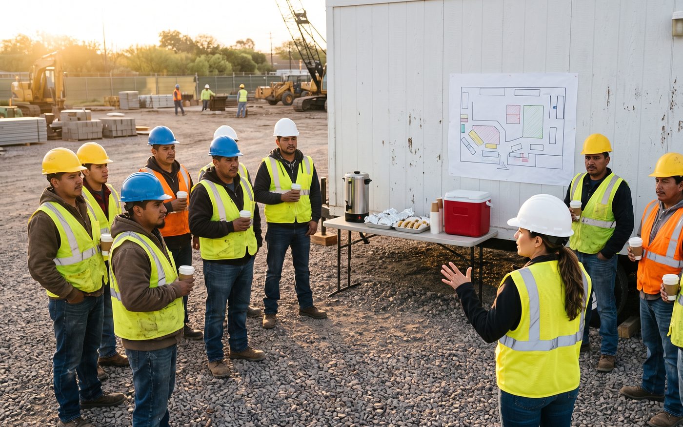 Trade workers at the jobsite trailer listening to the Monday orientation, the logistics plan pinned behind