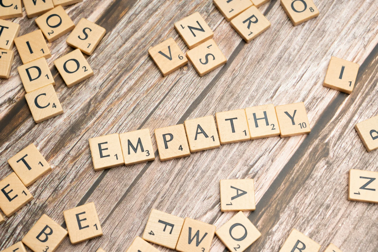Scrabble tiles arranged on a weathered wood surface spelling EMPATHY, the philosophical anchor for publishing insurance carriers transparently rather than forcing a phone call