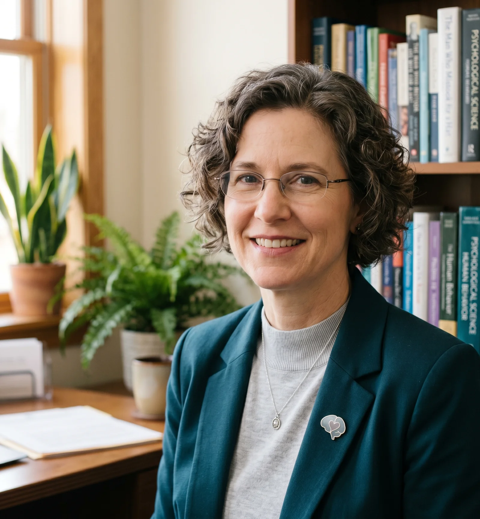 Editorial portrait of Dr. Margaret Calloway, the founding board-certified psychiatrist, seated at a warm wood desk with clinical psychology and neuroscience texts behind her